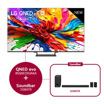 Vooraanzicht van LG QNED evo QNED92 TV, LG QNED evo Al Logo in de bovenhoek. LG QNED evo TV brengt kleurrijke, schilderachtige texturen bij elkaar.