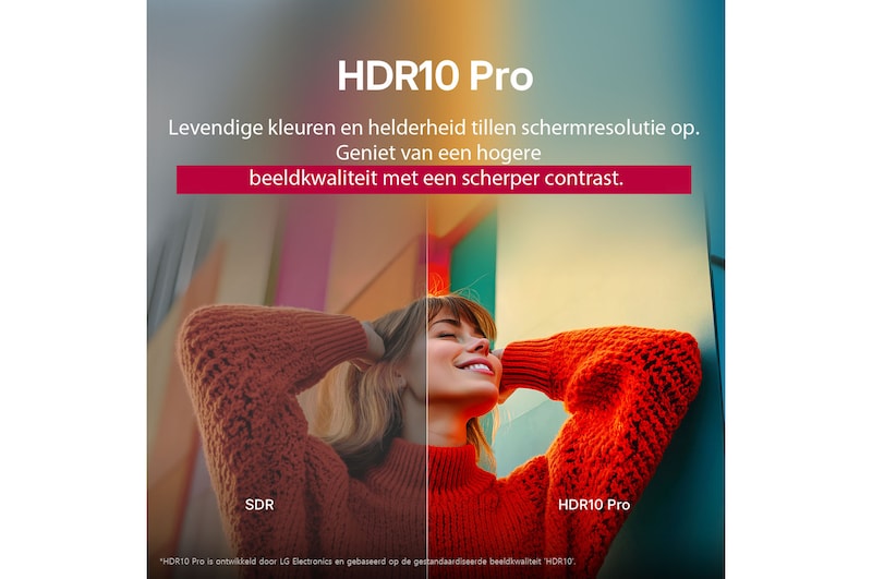 Een foto van een meisje in een rode trui in tweeën gedeeld om de linkerkant in SDR en de rechterkant in HDR10 Pro weer te geven. De rechterkant van de afbeelding is scherper en contrastrijker dan de linkerkant van de afbeelding. De titel beschrijft hoe HDR10 Pro een hogere beeldkwaliteit en een scherper contrast biedt. 