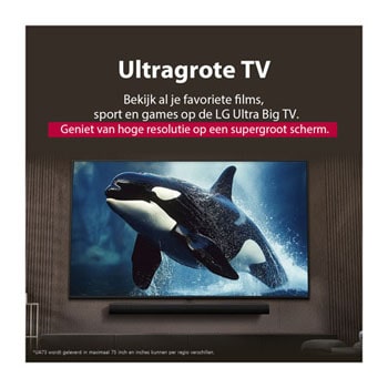 LG TV met een indrukwekkend groot scherm aan de muur boven een LG Soundbar in een moderne woonkamer.