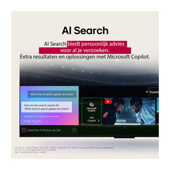 Close-up van een LG TV-scherm waarop te zien is hoe AI Search werkt. Er wordt een klein chatscherm geopend dat weergeeft hoe de gebruiker heeft gevraagd voor de beschikbare sportwedstrijden. AI Search reageert via chat en via miniatuurafbeeldingen van verschillende beschikbare inhoud weer te geven. Er wordt ook gevraagd om het aan Microsoft Copilot te vragen. 