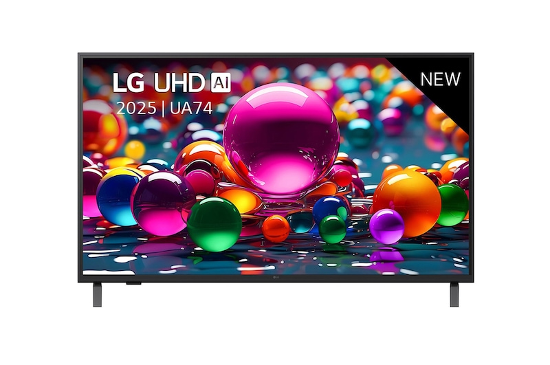 Vooraanzicht van UHD UA74 TV, LG UHD Al-logo in de bovenhoek. LG UHD TV brengt kleurrijke, schilderachtige texturen bij elkaar. 