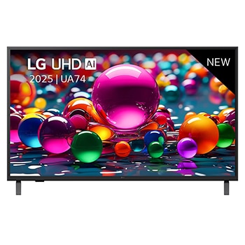 Vooraanzicht van UHD UA74 TV, LG UHD Al-logo in de bovenhoek. LG UHD TV brengt kleurrijke, schilderachtige texturen bij elkaar. 