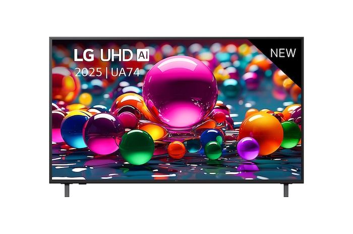 Front view of UHD UA74 TV, LG UHD Al Logo on the top corner. LG UHD TV depicts colorful paintike textures coming together.