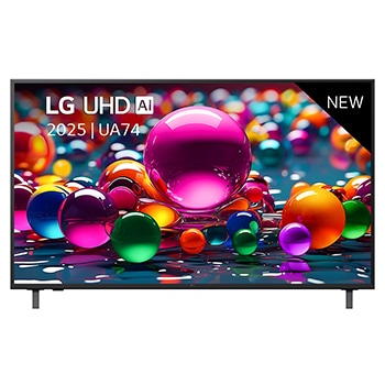 Front view of UHD UA74 TV, LG UHD Al Logo on the top corner. LG UHD TV depicts colorful paintike textures coming together.