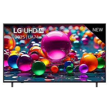 Vooraanzicht van UHD UA74 TV, LG UHD Al-logo in de bovenhoek. LG UHD TV brengt kleurrijke, schilderachtige texturen bij elkaar.