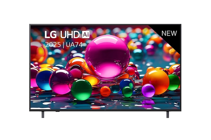 Front view of UHD UA74 TV, LG UHD Al Logo on the top corner. LG UHD TV depicts colorful paintike textures coming together.