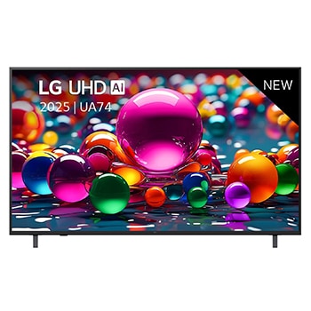 Front view of UHD UA74 TV, LG UHD Al Logo on the top corner. LG UHD TV depicts colorful paintike textures coming together.