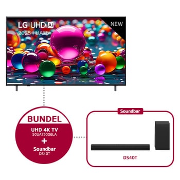 Vooraanzicht van UHD UA75 TV, LG UHD Al-logo in de bovenhoek. LG UHD TV brengt kleurrijke, schilderachtige texturen bij elkaar.