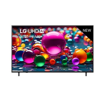 Front view of UHD UA75 TV, LG UHD Al Logo on the top corner. LG UHD TV depicts colorful paintike textures coming together.
