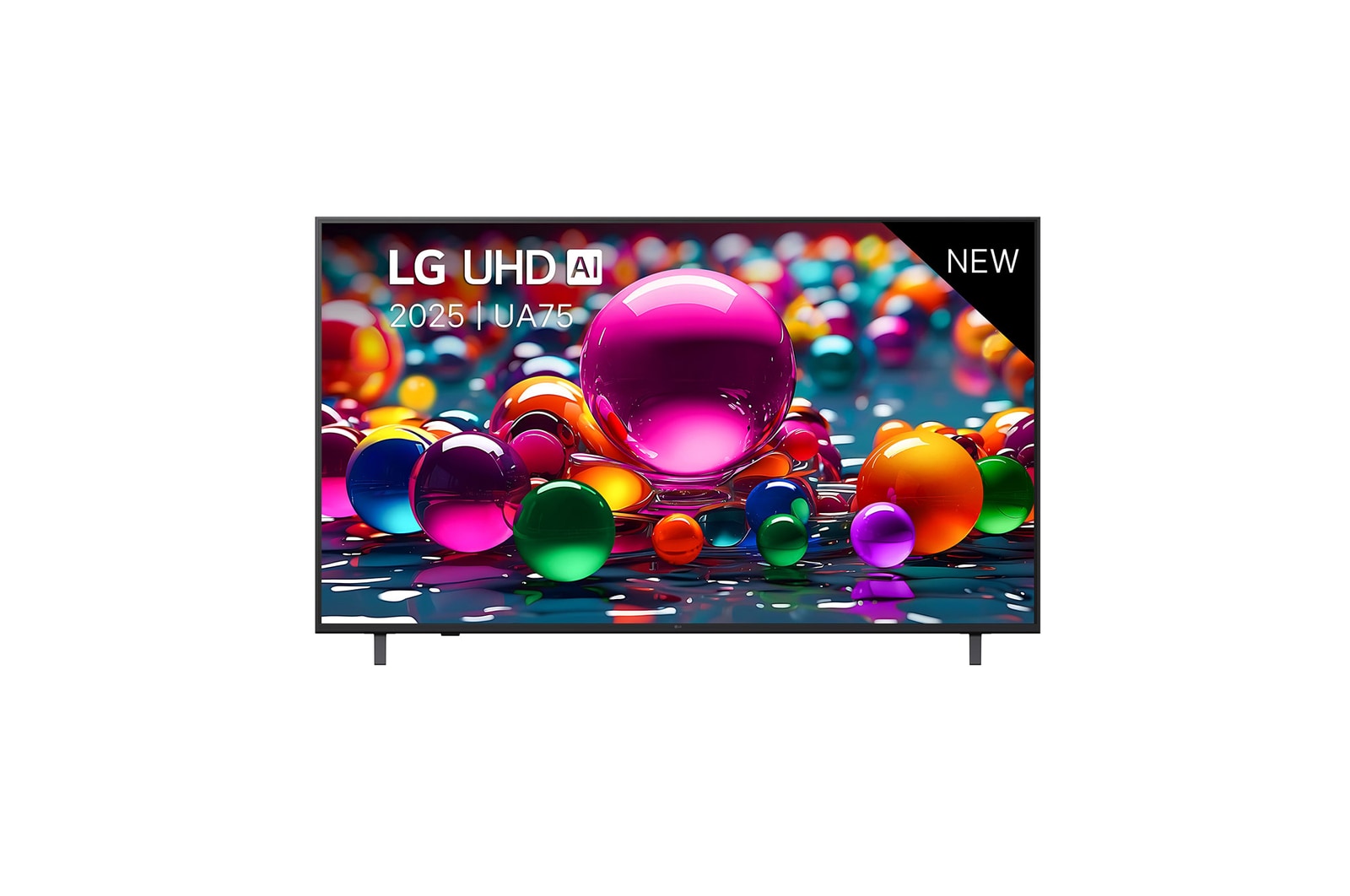 Vooraanzicht van UHD UA75 TV, LG UHD Al-logo in de bovenhoek. LG UHD TV brengt kleurrijke, schilderachtige texturen bij elkaar.