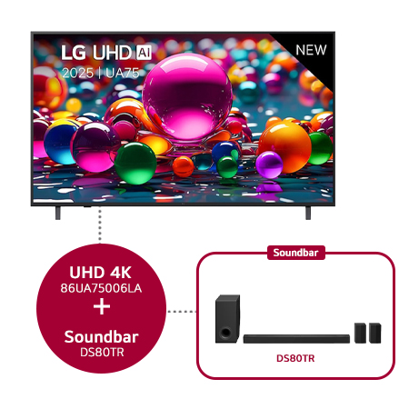 Front view of UHD UA75 TV, LG UHD Al Logo on the top corner. LG UHD TV depicts colorful paintike textures coming together.