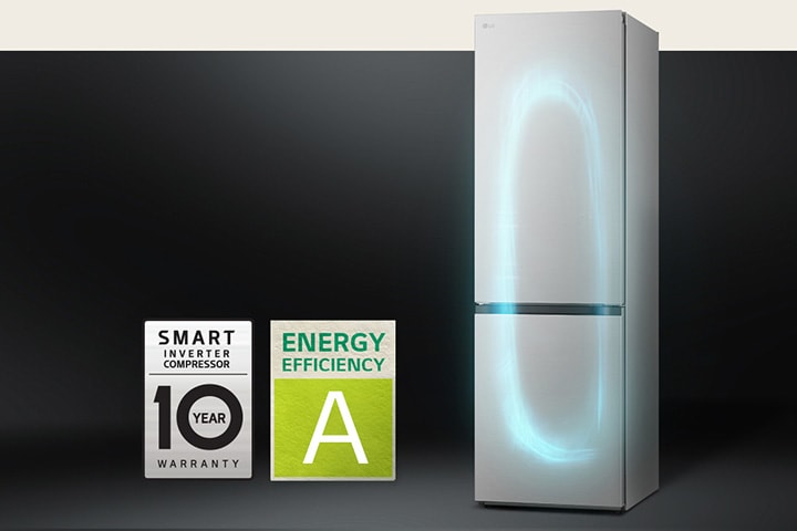 Koelkast met efficiënt koelingssysteem door de Smart Inverter Compressor en garantielabel voor 10 jaar van de compressor.