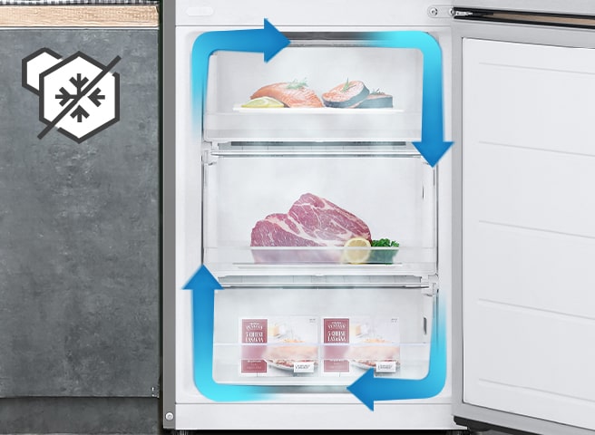 No-frost koelkast met gelijkmatige koeling en gecirculeerde koude lucht die voedsel in alle hoeken vers houdt.