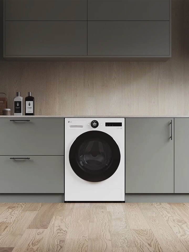 De wasmachine is ingezoomd. Het scherm verandert en de zijkant van het paneel verschijnt, en geeft drie kleuren weer: wit, lichtgrijs en donkergrijs.