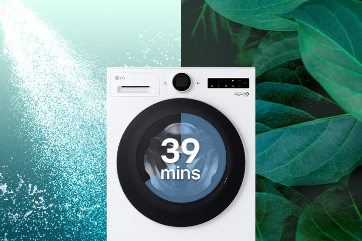 Een scherm waar 39 minuten op is te zien op de wasmachine wordt van dichtbij weergegeven, en laat zien dat water uit de boven- en onderkant komt en dat er wordt gewassen.	