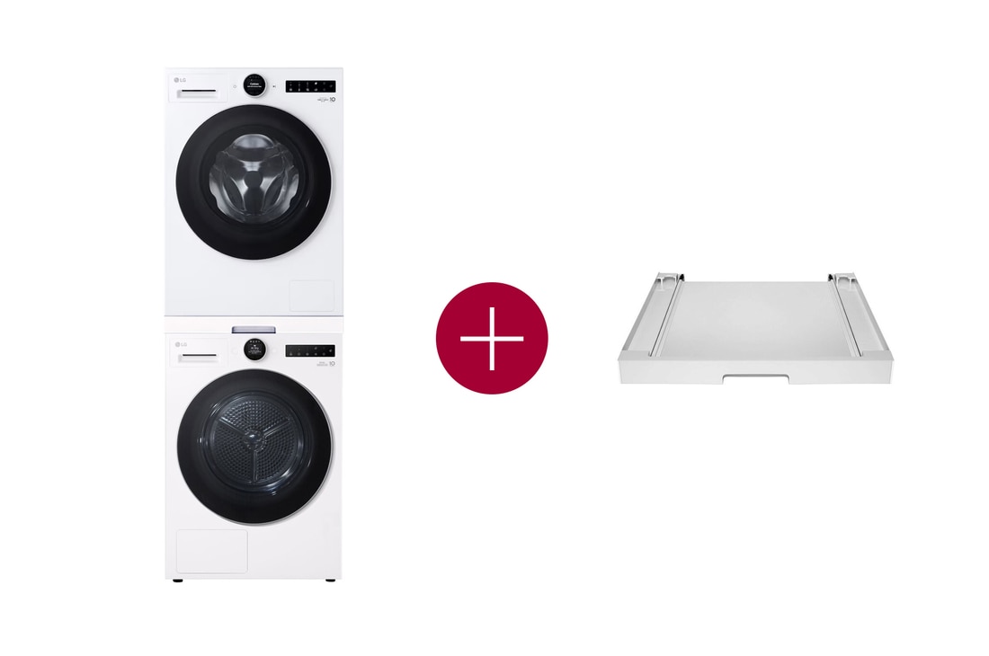 LG 11kg Wasmachine F4WX851Y+ 9kg Warmtepompdroger RT90X8 + Tussenstuk Wasmachine/Droger Wit DK2W, F4WX851Y.DK2W001