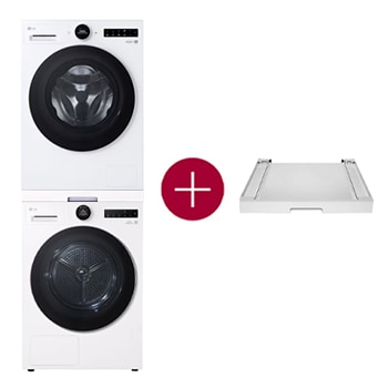 Vooraanzicht van 11kg Wasmachine F4WX851Y+ 9kg Warmtepompdroger RT90X8 + Tussenstuk Wasmachine/Droger Wit DK2W F4WX851Y.DK2W001