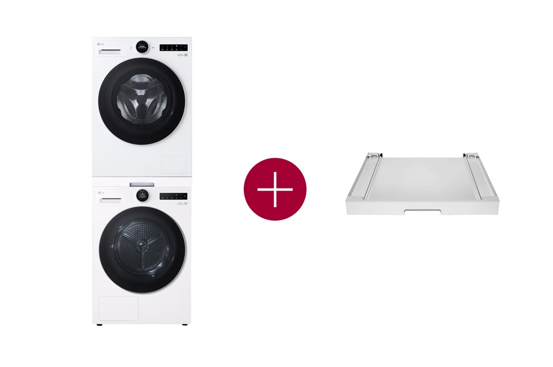 LG 9kg Wasmachine F4WX859Y + 9kg Warmtepompdroger RT90X8 + Tussenstuk Wasmachine/Droger Wit DK2W, F4WX859Y.DK2W001