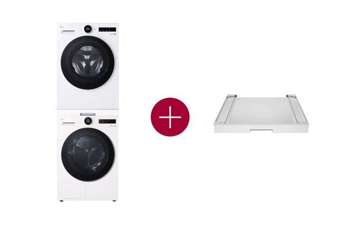 LG 9kg Wasmachine F4WX859Y + 9kg Warmtepompdroger RT90X8 + Tussenstuk Wasmachine/Droger Wit DK2W, F4WX859Y.DK2W001