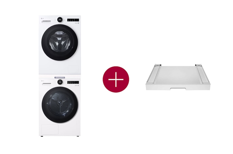 Vooraanzicht van 9kg Wasmachine F4WX859Y + 9kg Warmtepompdroger RT90X8 + Tussenstuk Wasmachine/Droger Wit DK2W F4WX859Y.DK2W001
