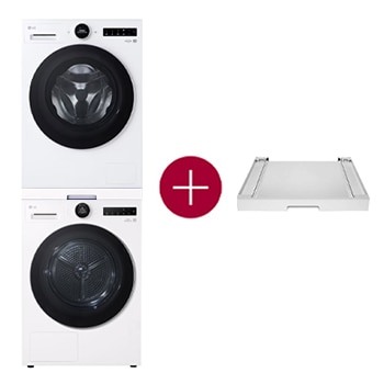 Vooraanzicht van 9kg Wasmachine F4WX859Y + 9kg Warmtepompdroger RT90X8 + Tussenstuk Wasmachine/Droger Wit DK2W F4WX859Y.DK2W001
