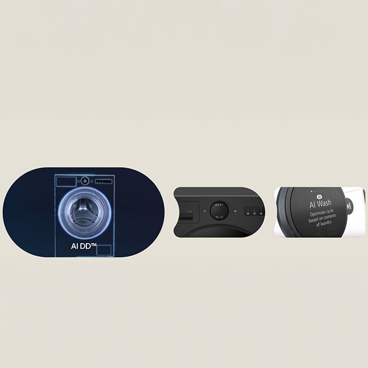 Van links naar rechts worden drie video's afgespeeld met de functies AI DD™, Microplastic Care en Easy Control.