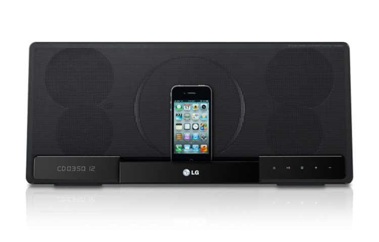 Vooraanzicht van CD Micro set met Bluetooth | Aluminum metal finish | iPod, iPhone 3(S) &amp; 4(S), iPad direct docking | Portable in | 40W | LG XBOOM CM2820