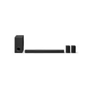 Vooraanzicht van de LG Soundbar S80TR, subwoofer en achterluidsprekers