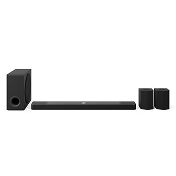 Vooraanzicht van de Soundbar, subwoofer en achterluidsprekers