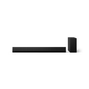 Vooraanzicht van de Soundbar, subwoofer en achterluidsprekers