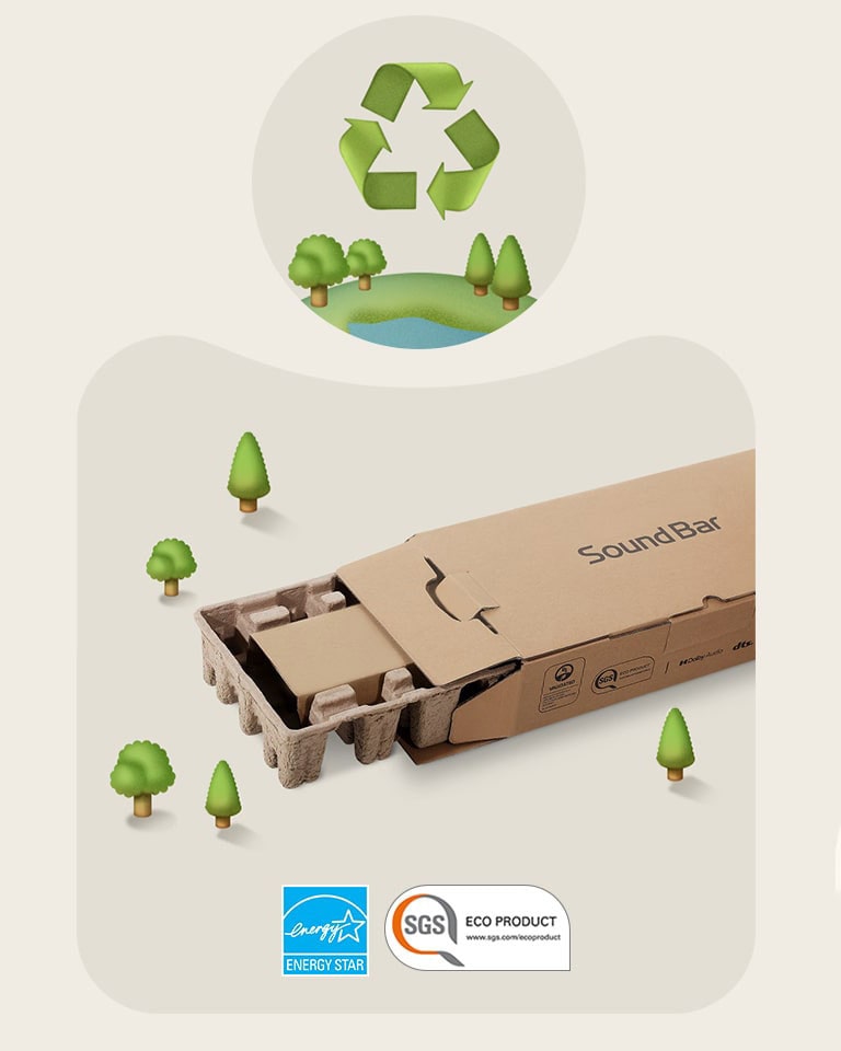 LG Soundbar-verpakking tegen een beige achtergrond met getekende bomen.   Energy Star-logo SGS Eco Product-logo