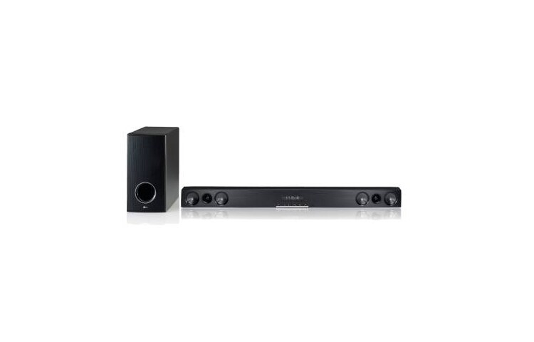 Vooraanzicht van Speaker Bar met 280W vermogen (2.1Ch), Wall-mount, Wireless Active Subwoofer, externe HDD Playback en USB Plus HLS36W