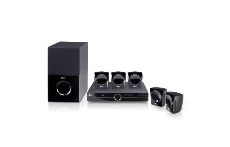 Vooraanzicht van 5.1 DVD Home Theater systeem met 1080p-upscaling, Simplink, USB-direct recording en Dolby Digital HT304SQ