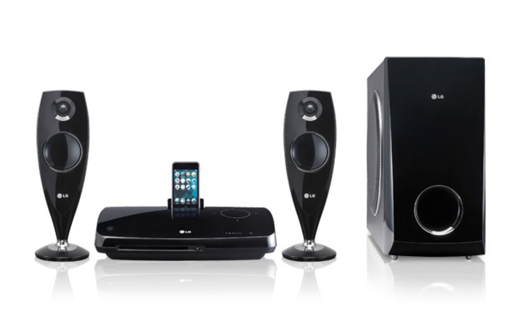 Vooraanzicht van LG 2.1 DVD thuisbioscoop systeem met iPod-dock HT33S