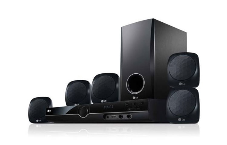 Vooraanzicht van DVD Home Theater systeem met Portable in, DivX, Progressive scan, Dolby Digital. HT355SD