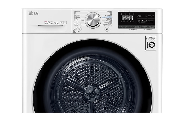 LG 9kg DUAL Inverter Warmtepomp Droger Wit | Eco Hybrid™ | Allergy Care™ | Auto Cleaning Condenser, RH90V9AV3N