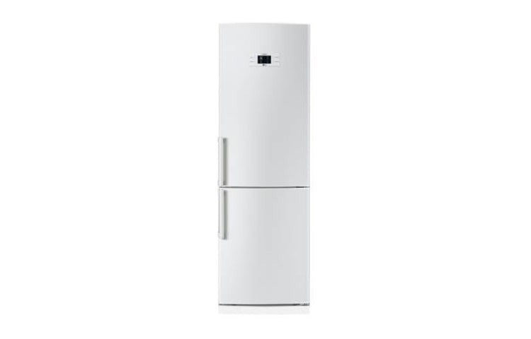 Vooraanzicht van Koel/Vries combinatie Wit, voorzien van No Frost, Multi Air Flow koeling, Kinderslot, ijs/vrieslade zuivelvak en Bioshield. GB3133SWJW