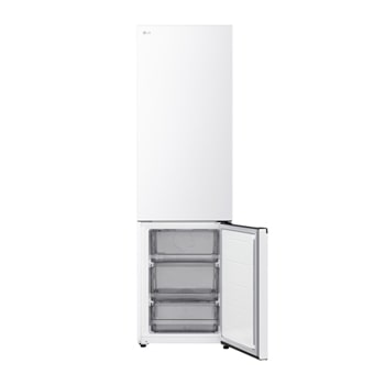 LG-bodemvriezer (gbbsj20dsw) uitgelijnd geïnstalleerd in hoge warmbeige wand met witte pijlen die wijzen naar de bovenzijde en de oppervlakken aan de voorkant