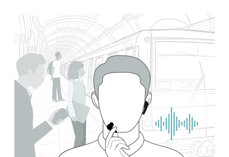 Een illustratie van een persoon die aan de telefoon praat en een oordopje vasthoudt met een metro-achtergrond.