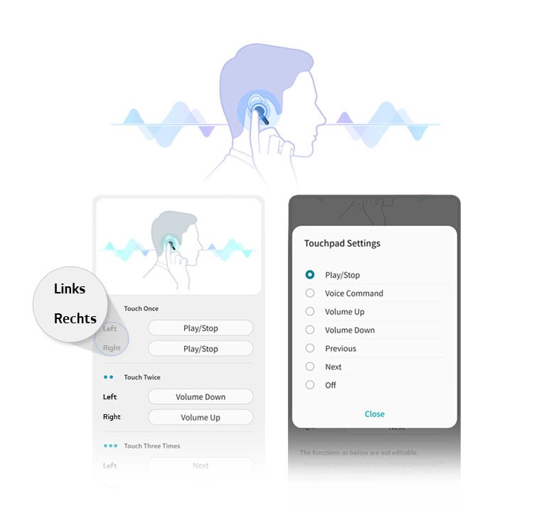 Afbeelding van het zijaanzicht van een man die de oordopjes in zijn oor aanraakt. App UI-schermen laten zien dat mensen de touchpad instelling voor de linker en rechter oordopjes kunnen aanpassen.