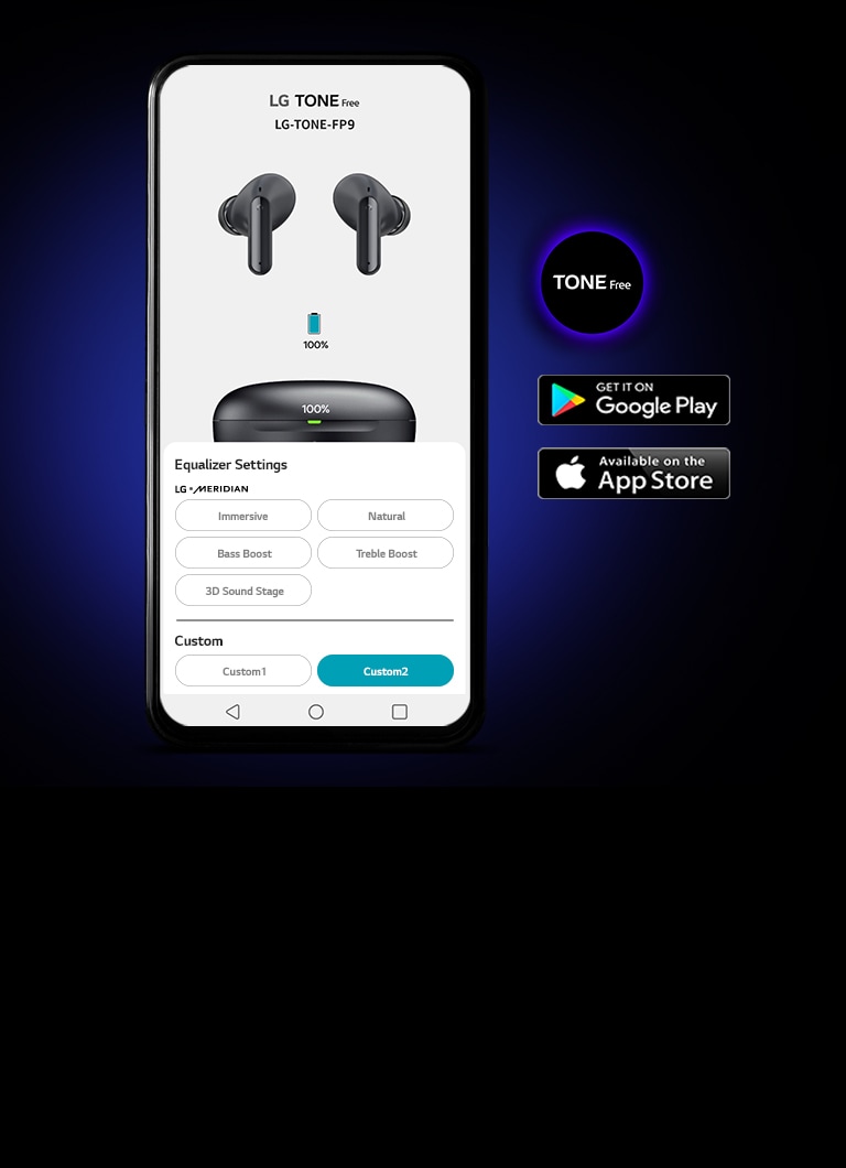 Een smartphone met de LG TONE Free-app tegen een donkere achtergrond. De pictogrammen van de app worden rechts getoond.