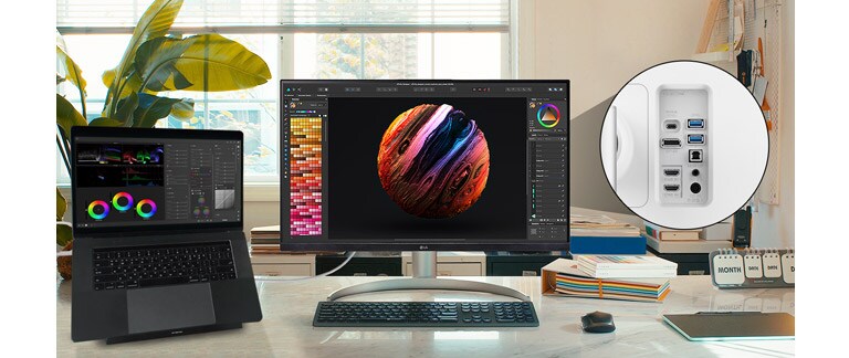 LG UltraFine™ is geschikt voor verschillende apparaten vioa USB Type-C™, DisplayPort, HDMI-poort en twee USB-poorten.