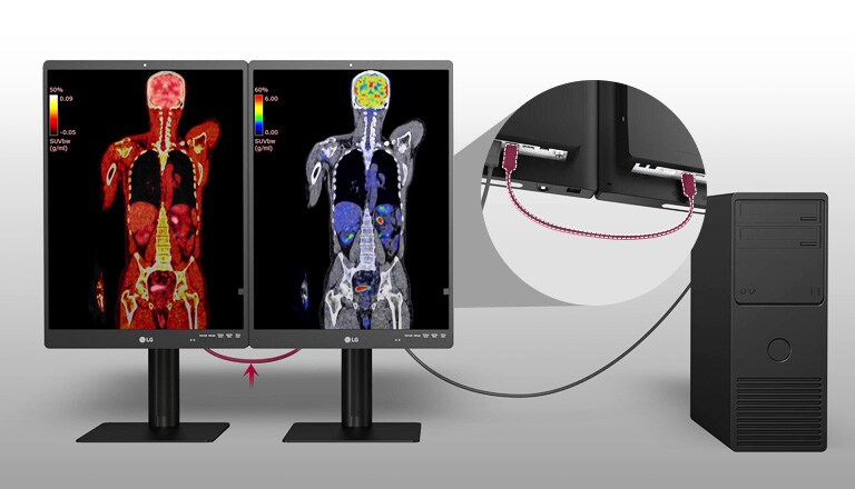 productief werkstation door twee diagnostische schermen en een pc aan te sluiten.