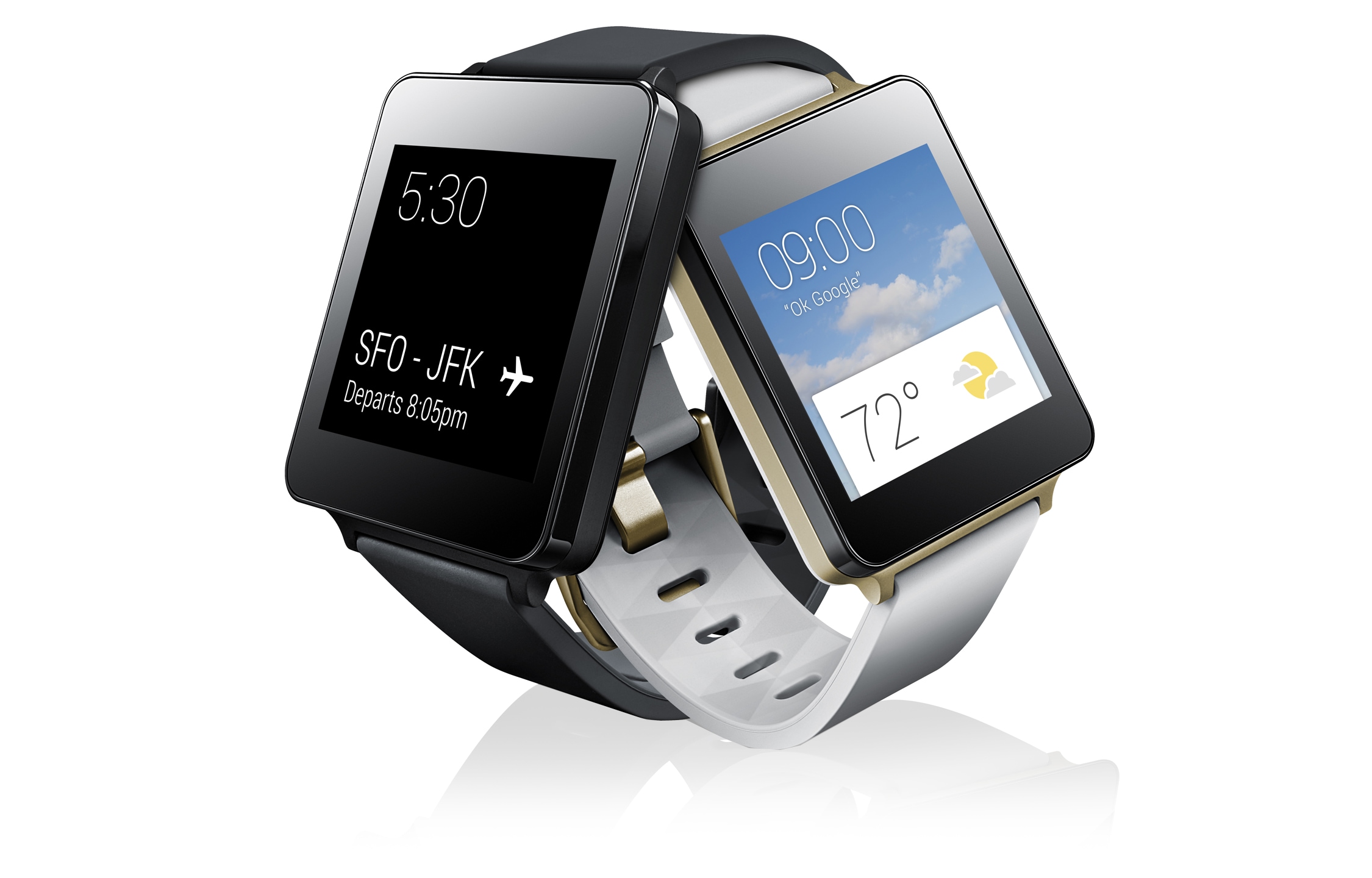Vooraanzicht van De stijlvolle nieuwe LG G Watch is een sprong voorwaarts. Met Android Wear heb je toegang tot al je favoriete apps vanaf je pols. Het scherm staat altijd aan, dus je hoeft het nooit te ontgrendelen. Het is de toekomst om je pols.  LG G Watch (LGW100)