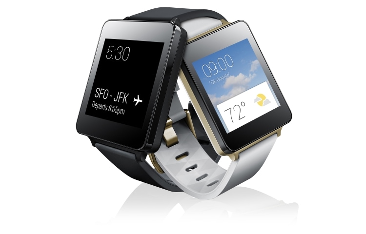 Vooraanzicht van De stijlvolle nieuwe LG G Watch is een sprong voorwaarts. Met Android Wear heb je toegang tot al je favoriete apps vanaf je pols. Het scherm staat altijd aan, dus je hoeft het nooit te ontgrendelen. Het is de toekomst om je pols.  LG G Watch (LGW100)