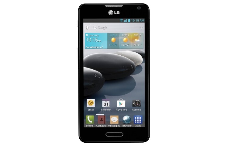 Vooraanzicht van De LG Optimus F6 is snel, krachtig en compleet uitgerust. Met 4G aan boord haalt het grote snelheden. D505 F6