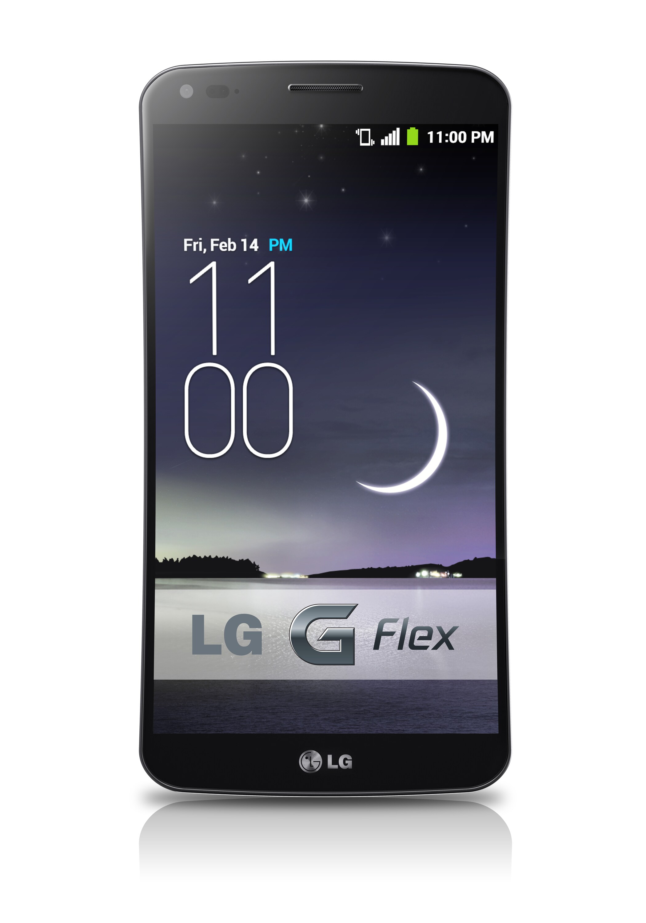 Vooraanzicht van Het gebogen scherm van de LG G Flex biedt een unieke kijkervaring. Foto’s en films zien er op dit toestel indrukwekkender uit dan ooit. D955 G Flex