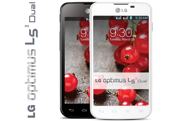 Vooraanzicht van De LG Optimus L5 II is een Smartphone met heel veel mogelijkheden. Dual Sim laat je eenvoudig gebruik maken van twee sims tegelijk. E455 Optimus L5 II Dual
