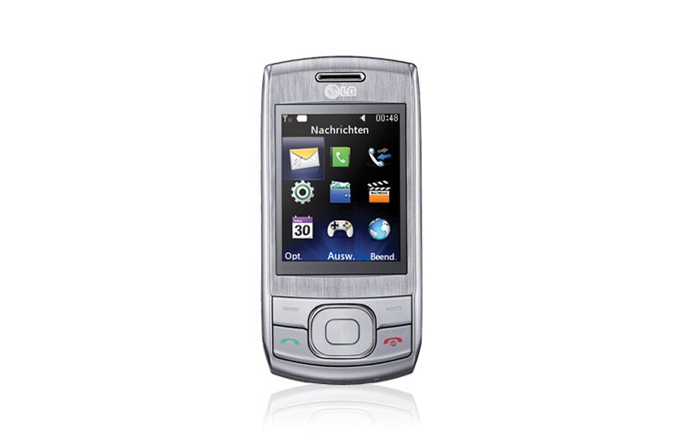 Vooraanzicht van Compacte slider telefoon met allerlei handige en goede features. Verkrijgbaar in de kleuren zwart, zilver en roze GU230
