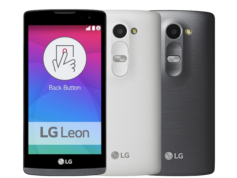 Vooraanzicht van Met de back button onder je wijsvinger hou jij controle over je LG Leon. Regel het volume, maak foto’s en zet de telefoon aan of uit. Dankzij de back button zijn knoppen aan de zijkant niet meer nodig. LG Leon (H320)